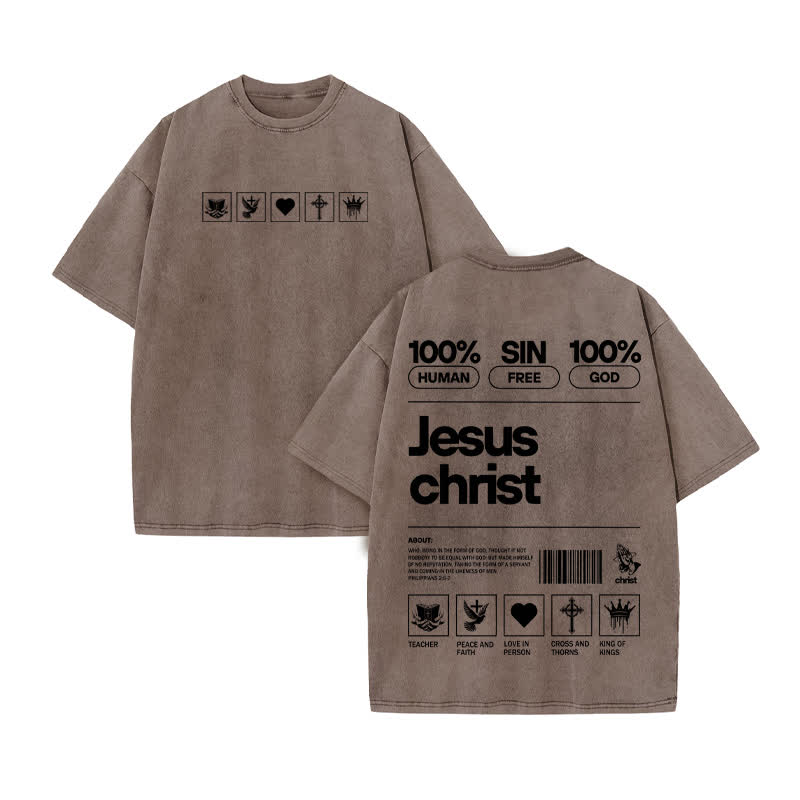 Unisex 100% Cotton Jesus Christ Print Acid Washed T-shirt - Coffee - US20-22(3XL) - image 4
