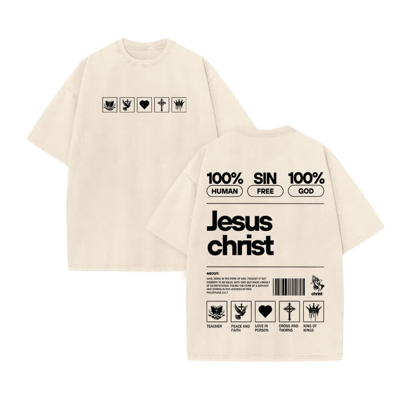 Unisex 100% Cotton Jesus Christ Print Acid Washed T-shirt - Beige - US20-22(3XL) - image 2