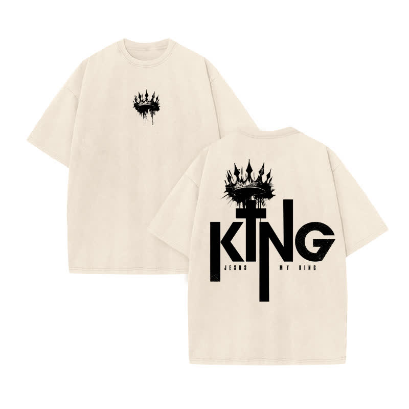 Unisex 100% Cotton JESUS IS MY KING Print Acid Washed T-shirt - Beige - US20-22(3XL) - image 2
