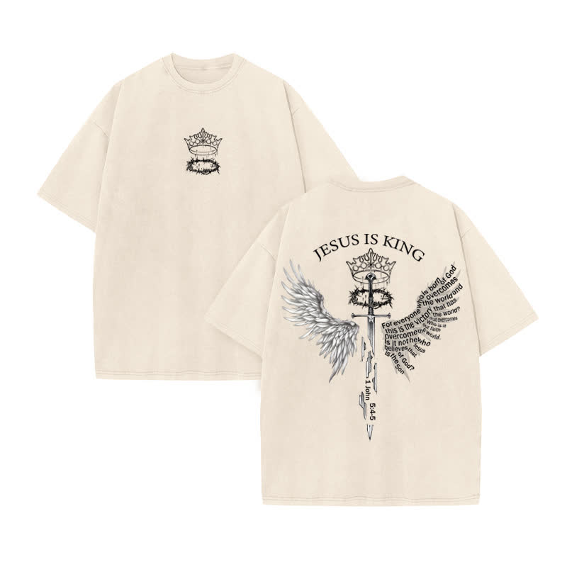 Unisex 100% Cotton Jesus Is King Scripture Wings Print Acid Washed T-shirt - Beige - US20-22(3XL) - image 2