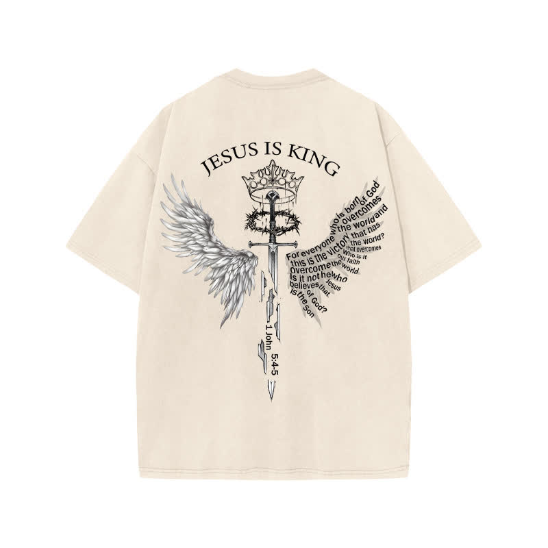 Unisex 100% Cotton Jesus Is King Scripture Wings Print Acid Washed T-shirt - image 1