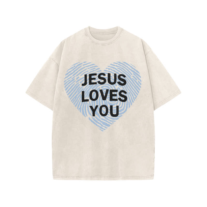 Unisex 100% Cotton JESUS LOVES YOU Print Acid Washed T-shirt - Beige - US20-22(3XL) - image 2
