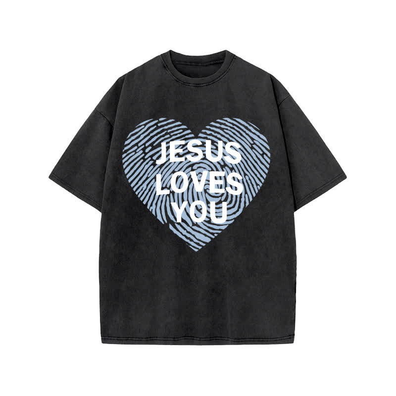 Unisex 100% Cotton JESUS LOVES YOU Print Acid Washed T-shirt - Black - US20-22(3XL) - image 1