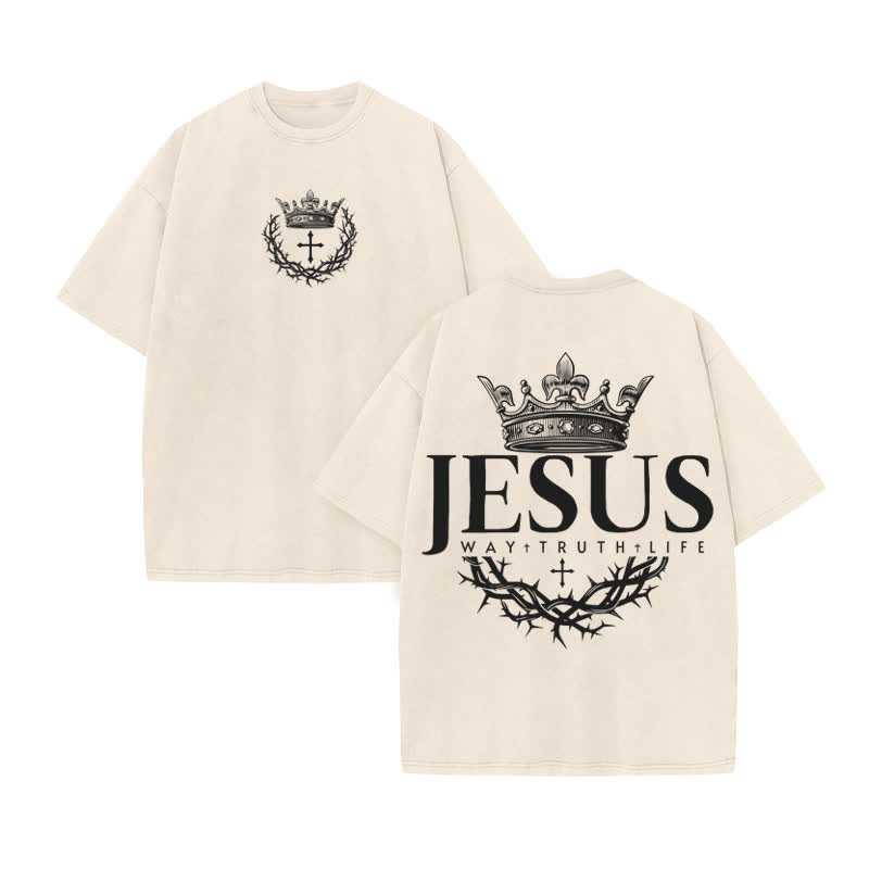 Unisex 100% Cotton Jesus The Way Thet Ruth The Life Print Acid Washed T-shirt - Beige - US20-22(3XL) - image 2