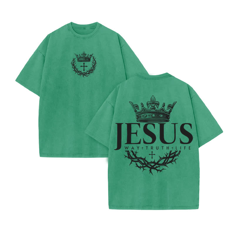 Unisex 100% Cotton Jesus The Way Thet Ruth The Life Print Acid Washed T-shirt - Green - US20-22(3XL) - image 7