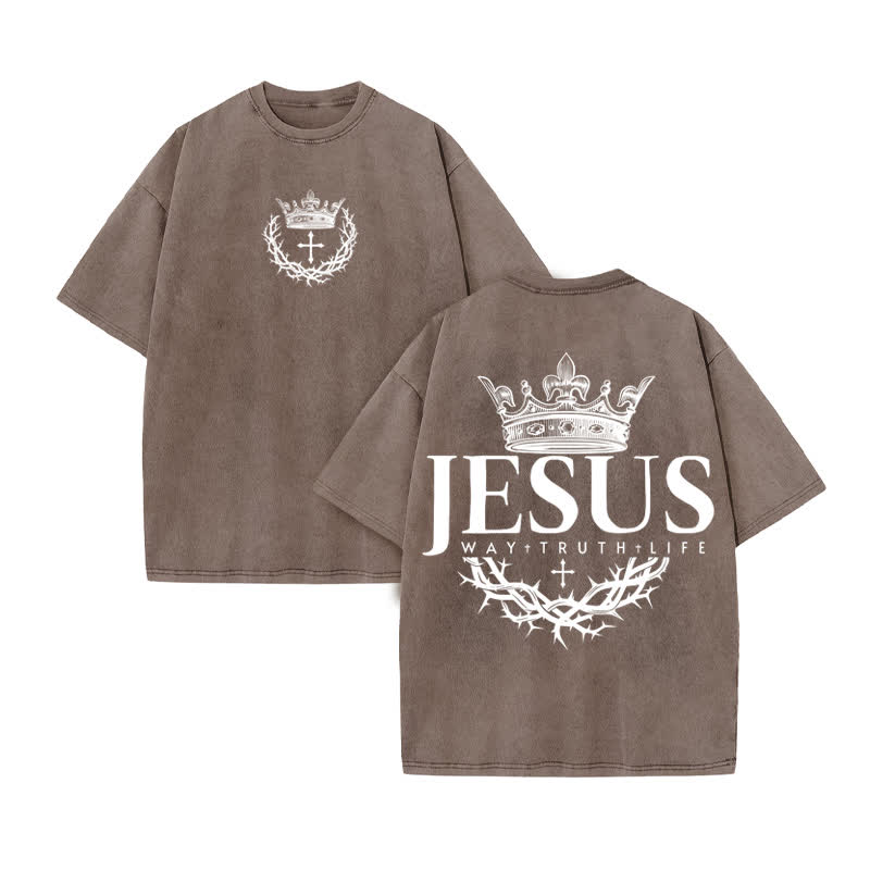 Unisex 100% Cotton Jesus The Way Thet Ruth The Life Print Acid Washed T-shirt - Coffee - US20-22(3XL) - image 4