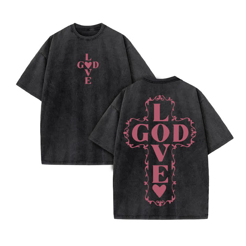 Unisex 100% Cotton GOD LOVE YOU Print Acid Washed T-shirt - Black - US20-22(3XL) - image 2