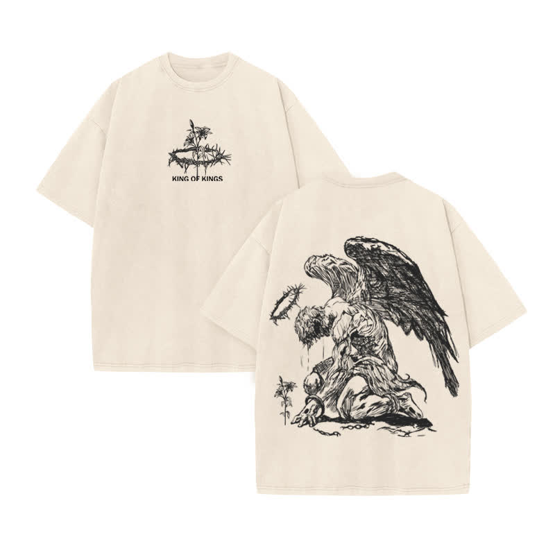 Unisex 100% Cotton Flower Of Hope King Of Kings Print Acid Washed T-shirt - Beige - US20-22(3XL) - image 2