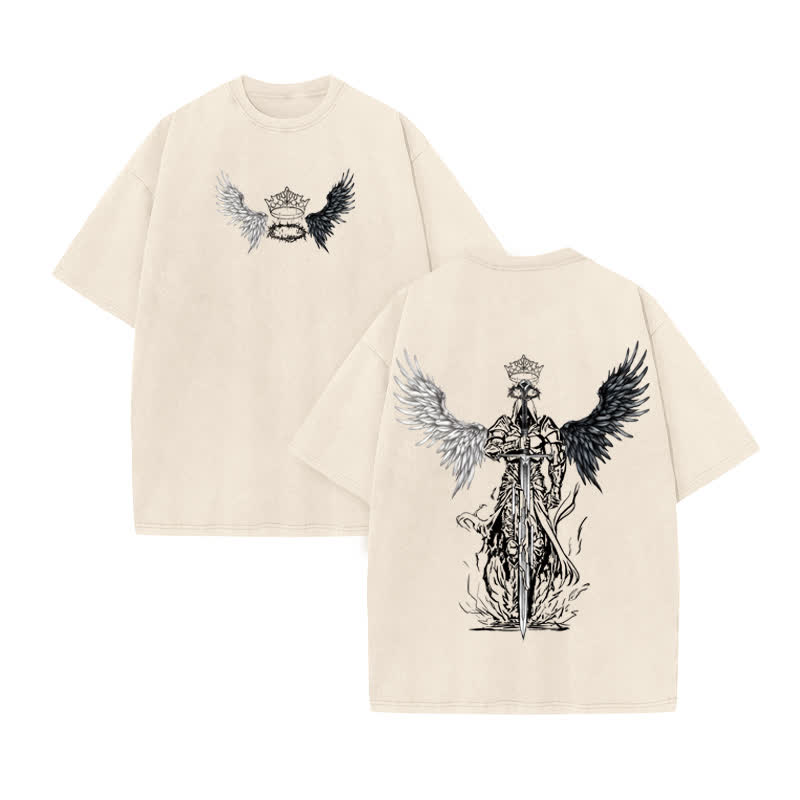 Unisex 100% Cotton Holy Blade Print Acid Washed T-shirt - Beige - US20-22(3XL) - image 2