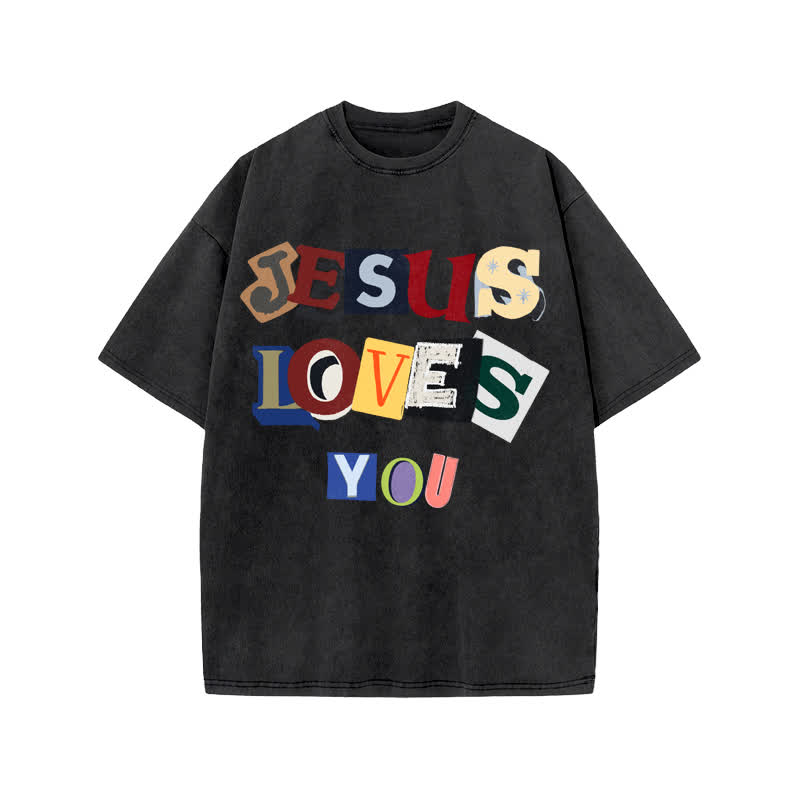 Unisex 100% Cotton JESUS LOVES YOU Print Acid Washed T-shirt - Black - US20-22(3XL) - image 2