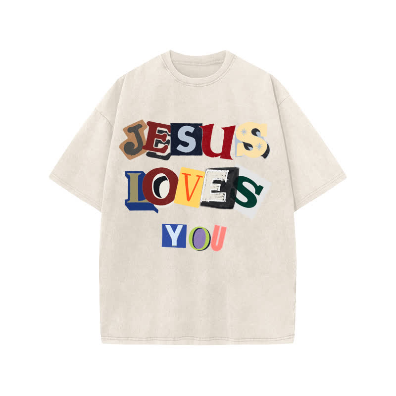 Unisex 100% Cotton JESUS LOVES YOU Print Acid Washed T-shirt - Beige - US20-22(3XL) - image 1