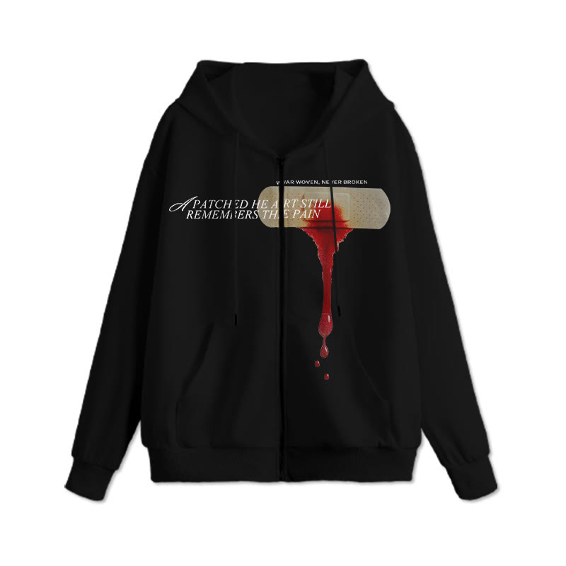 Unisex 100% Cotton War Woven Never Broken Print Zip Up Hoodie - Black - 2XL - image 2