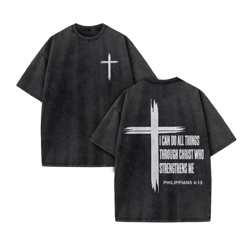 Unisex 100% Cotton Philippians 4:13 Print Acid Washed T-shirt - Black - US20-22(3XL) - image 2