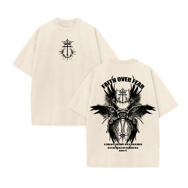 Unisex 100% Cotton Faith Over Fear Seraphim Print Acid Washed T-shirt - Beige - US20-22(3XL) - image 2