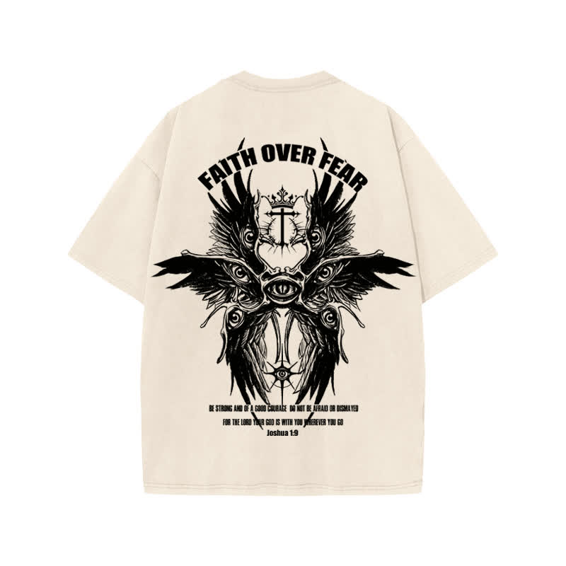 Unisex 100% Cotton Faith Over Fear Seraphim Print Acid Washed T-shirt - image 1