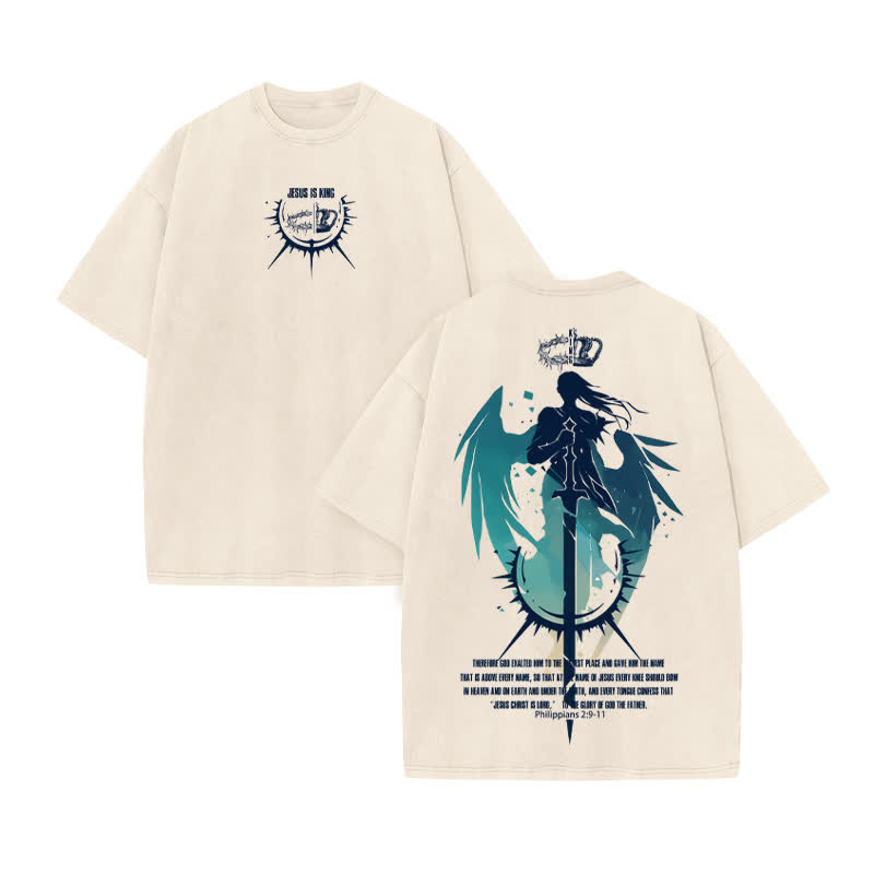 Unisex 100% Cotton KING OF KINGS Print Acid Washed T-shirt - Beige - US20-22(3XL) - image 2