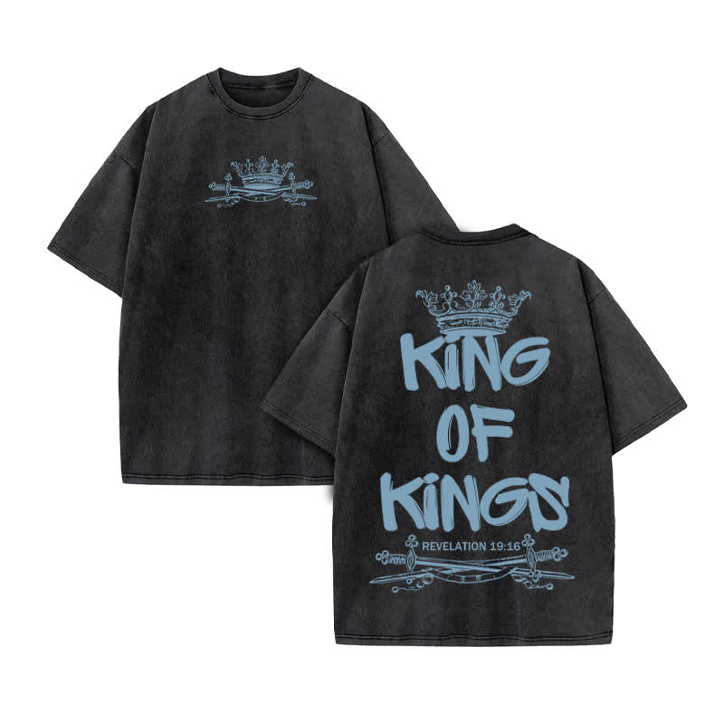 Unisex 100% Cotton King Of Kings Crown Saber Print Acid Washed T-shirt - Black - US20-22(3XL) - image 2