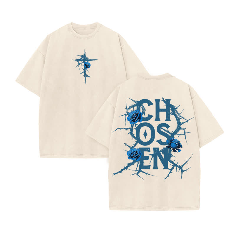 Unisex 100% Cotton JESUS CHOSEN Print Acid Washed T-shirt - Beige - US20-22(3XL) - image 2