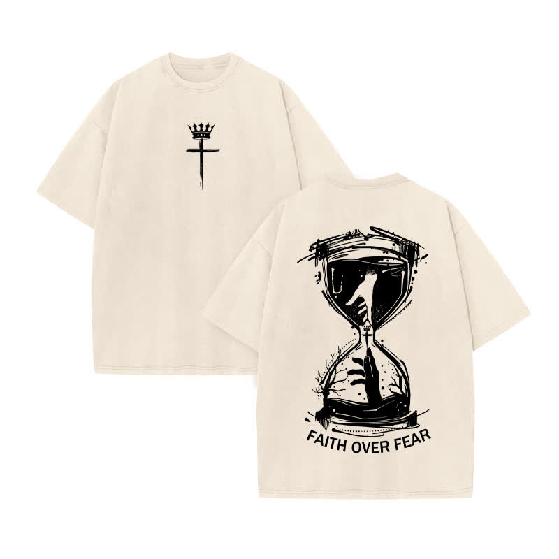 Unisex 100% Cotton Faith Hourglass Print Acid Washed T-shirt - Beige - US20-22(3XL) - image 2