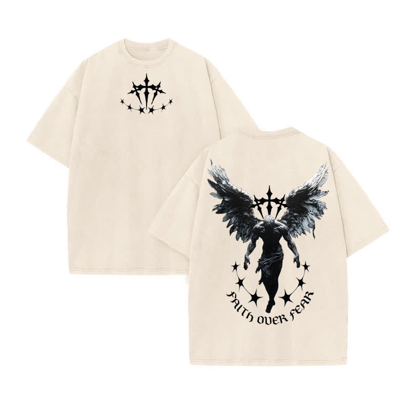 Unisex 100% Cotton FAITH OVER FEAR Print Acid Washed T-shirt - Beige - US20-22(3XL) - image 2