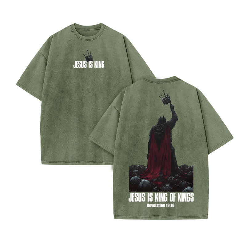 Unisex 100% Cotton Jesus Is King Print Acid Washed T-shirt - Army Green - US20-22(3XL) - image 6