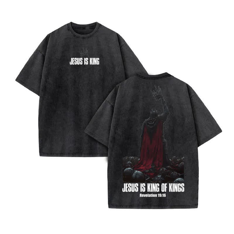 Unisex 100% Cotton Jesus Is King Print Acid Washed T-shirt - Black - US20-22(3XL) - image 3