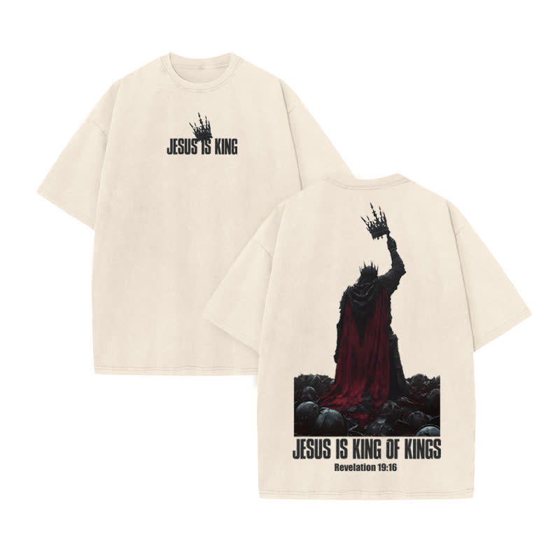 Unisex 100% Cotton Jesus Is King Print Acid Washed T-shirt - Beige - US20-22(3XL) - image 2