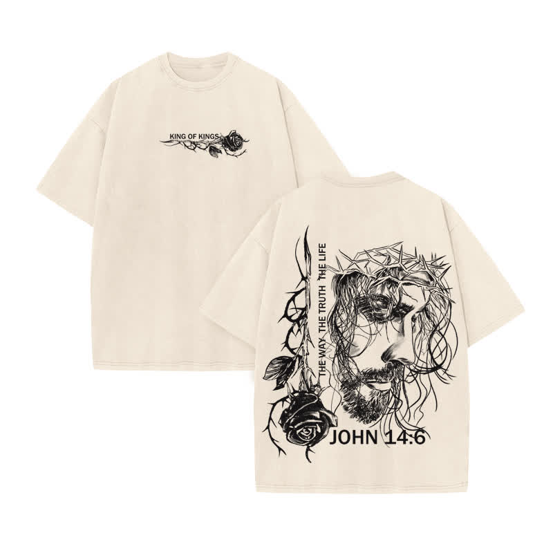 Unisex 100% Cotton Jesus Is King The Way The Truth The Life Print Acid Washed T-shirt - Beige - US20-22(3XL) - image 2