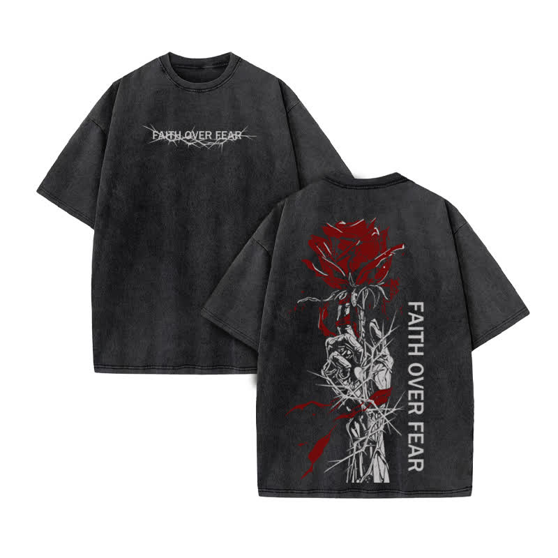 Unisex 100% Cotton Faith Over Fear Print Acid Washed T-shirt - Black - US20-22(3XL) - image 2
