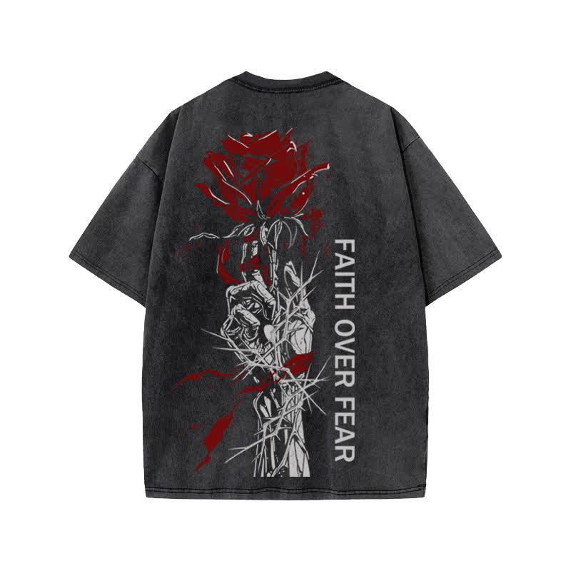 Unisex 100% Cotton Faith Over Fear Print Acid Washed T-shirt - image 1