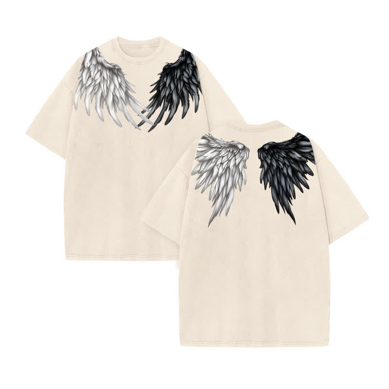 Unisex 100% Cotton Wings Of Faith Print Acid Washed T-shirt - Beige - US20-22(3XL) - image 2