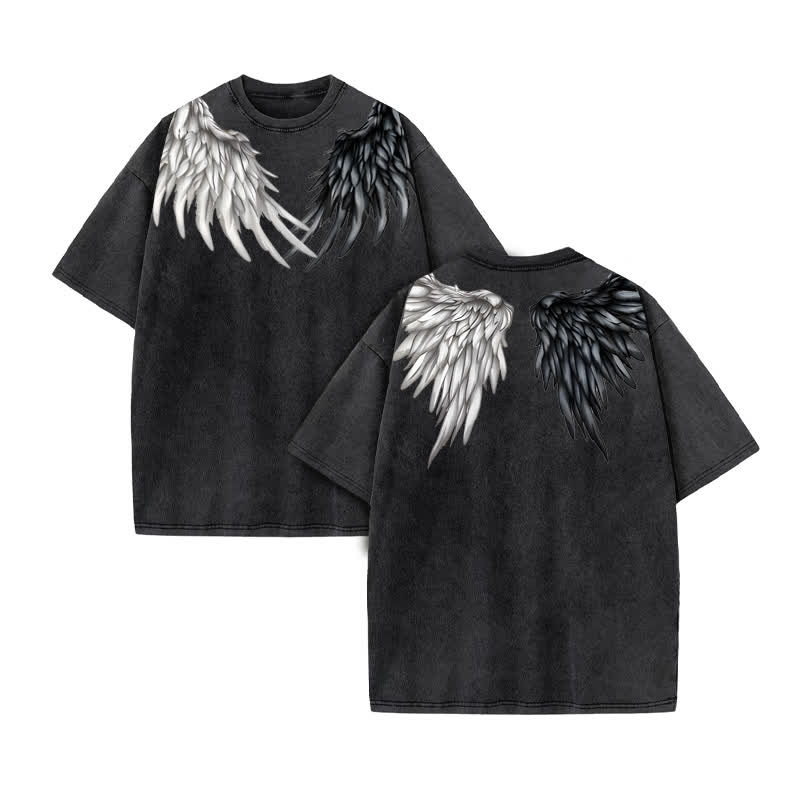 Unisex 100% Cotton Wings Of Faith Print Acid Washed T-shirt - Black - US20-22(3XL) - image 1