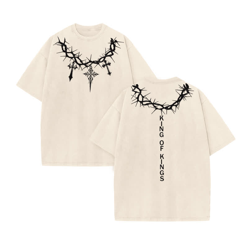Unisex 100% Cotton King Of Kings Print Acid Washed T-shirt - Beige - US20-22(3XL) - image 2