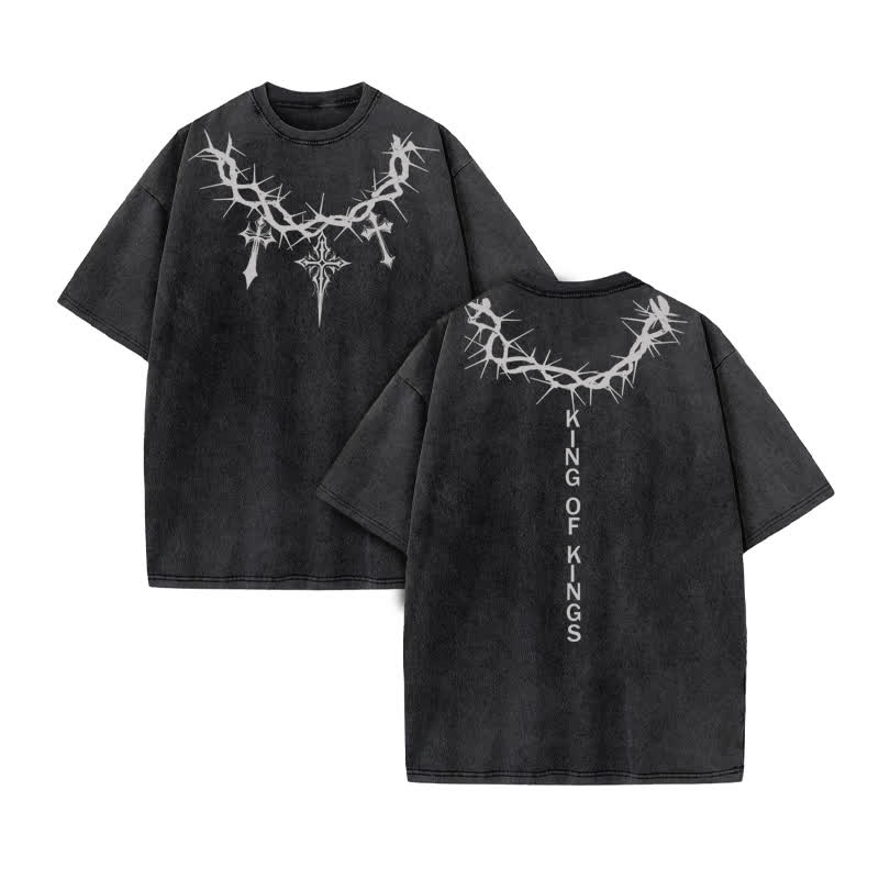 Unisex 100% Cotton King Of Kings Print Acid Washed T-shirt - Black - US20-22(3XL) - image 1