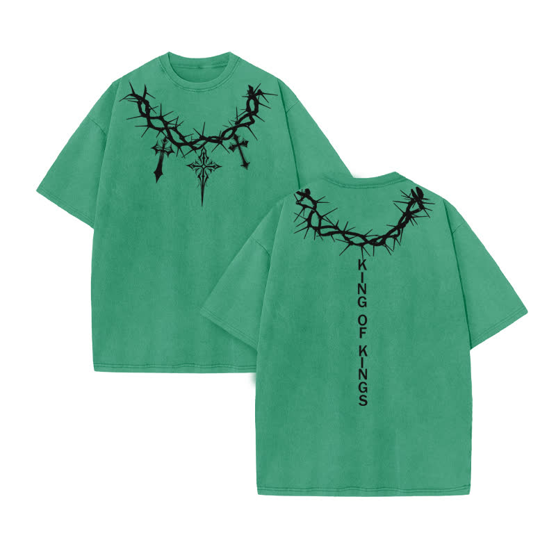 Unisex 100% Cotton King Of Kings Print Acid Washed T-shirt - Green - US20-22(3XL) - image 6