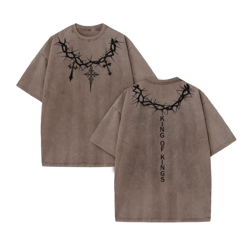 Unisex 100% Cotton King Of Kings Print Acid Washed T-shirt - Coffee - US20-22(3XL) - image 3