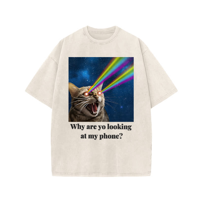 Unisex 100% Cotton Why Are Yo Looking At My Phone Print Acid Washed T-shirt - Beige - US20-22(3XL) - image 2