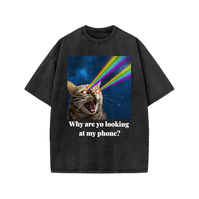 Unisex 100% Cotton Why Are Yo Looking At My Phone Print Acid Washed T-shirt - Black - US20-22(3XL) - image 1