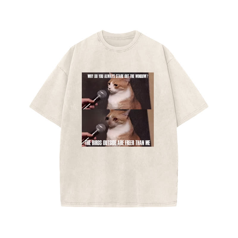 Unisex 100% Cotton A Cat With A Story Print Acid Washed T-shirt - Beige - US20-22(3XL) - image 2