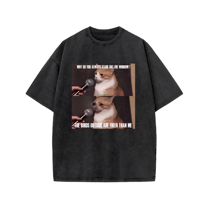 Unisex 100% Cotton A Cat With A Story Print Acid Washed T-shirt - Black - US20-22(3XL) - image 1