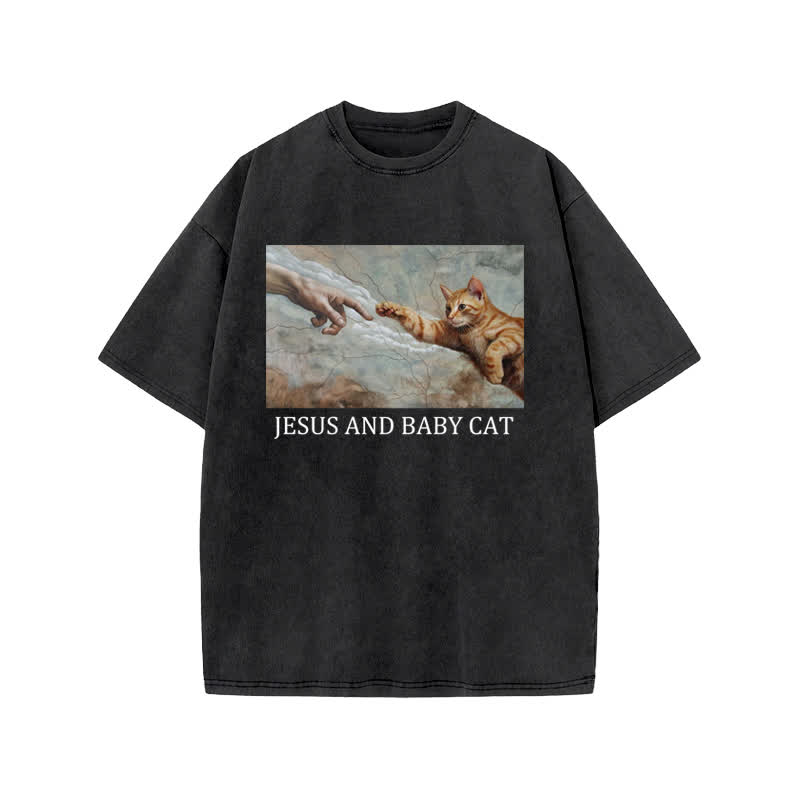 Unisex 100% Cotton Jesus And Baby Cat Print Acid Washed T-shirt - Black - US20-22(3XL) - image 2