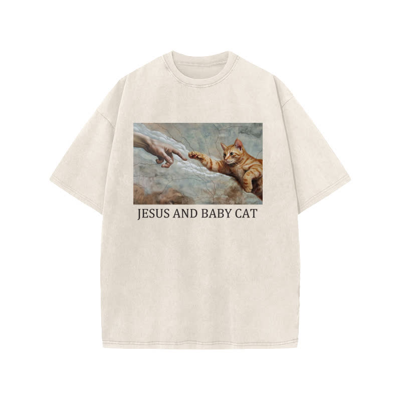 Unisex 100% Cotton Jesus And Baby Cat Print Acid Washed T-shirt - Beige - US20-22(3XL) - image 1