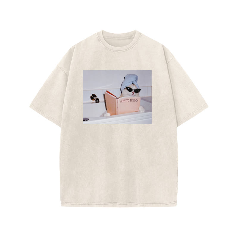 Unisex 100% Cotton How To Be Rich Print Acid Washed T-shirt - Beige - US20-22(3XL) - image 2