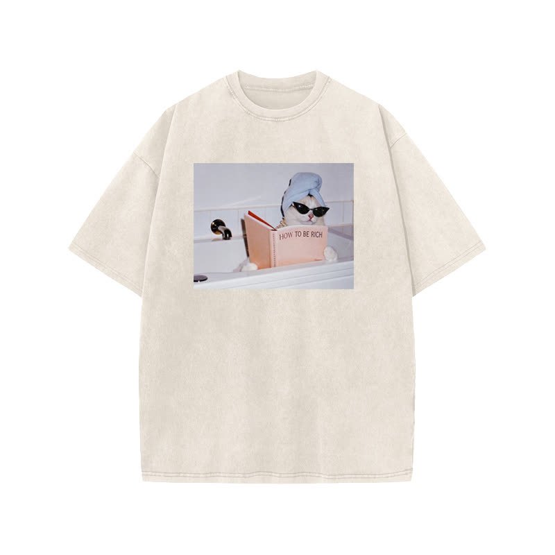 Unisex 100% Cotton How To Be Rich Print Acid Washed T-shirt - Beige - US20-22(3XL) - image 2