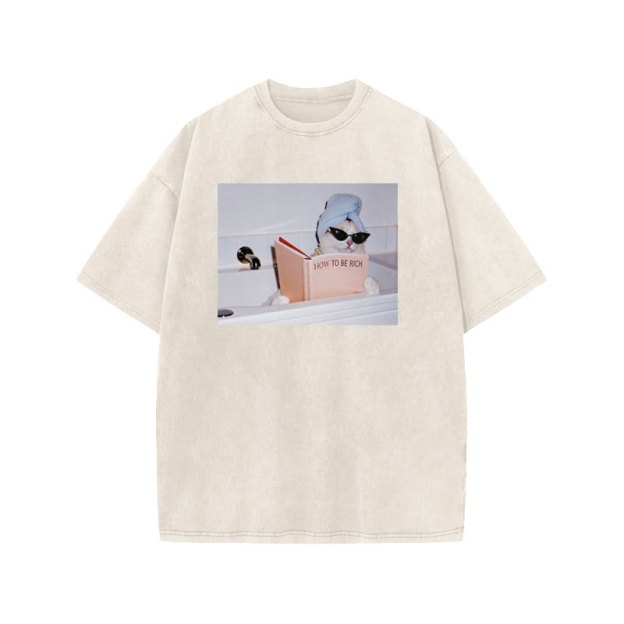 Unisex 100% Cotton How To Be Rich Print Acid Washed T-shirt - Beige - US20-22(3XL) - image 2