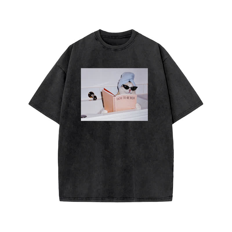 Unisex 100% Cotton How To Be Rich Print Acid Washed T-shirt - Black - US20-22(3XL) - image 1