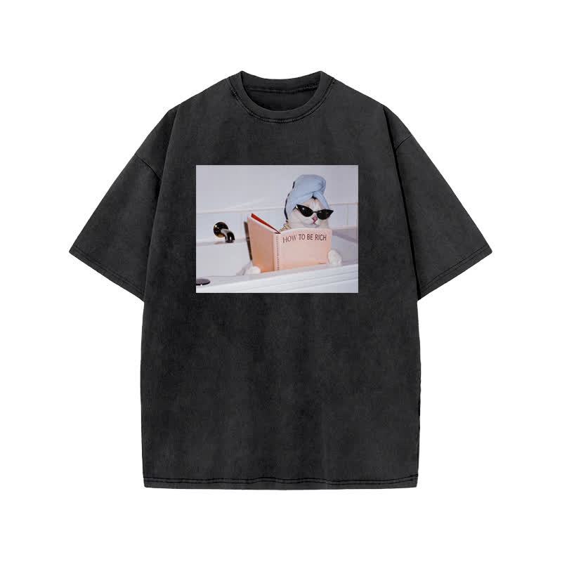 Unisex 100% Cotton How To Be Rich Print Acid Washed T-shirt - Black - US20-22(3XL) - image 1