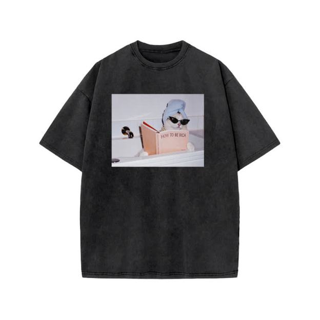 Unisex 100% Cotton How To Be Rich Print Acid Washed T-shirt - Black - US20-22(3XL) - image 1