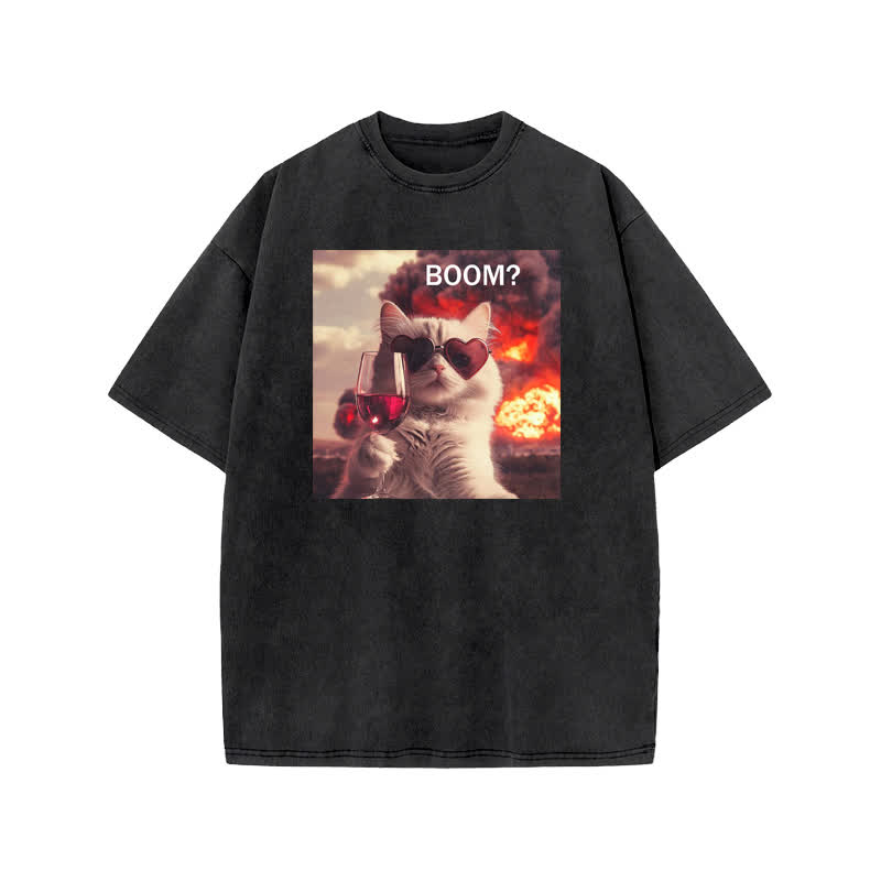Unisex 100% Cotton Elegant And Calm Cat Print Acid Washed T-shirt - Black - US20-22(3XL) - image 2