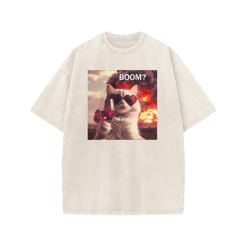 Unisex 100% Cotton Elegant And Calm Cat Print Acid Washed T-shirt - Beige - US20-22(3XL) - image 1